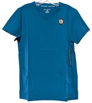 Heal Wear Scrub Top Womens Medium Blue V Neck 4‎ Way Stretch Medical Shirt